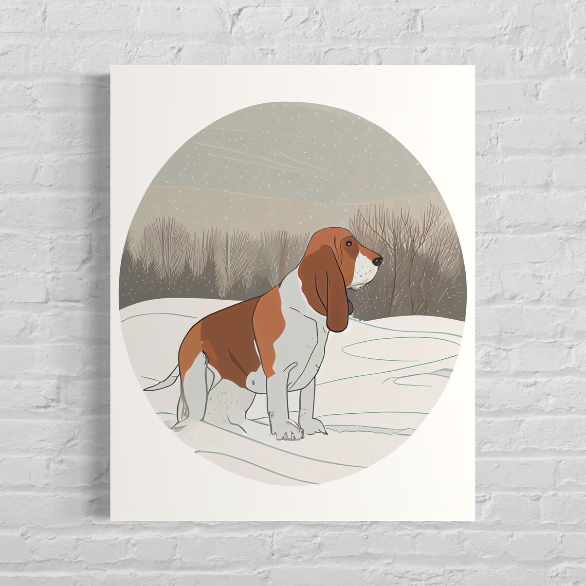 Basset Hound Standing in a Snowy Winter Field Circle Art Poster
