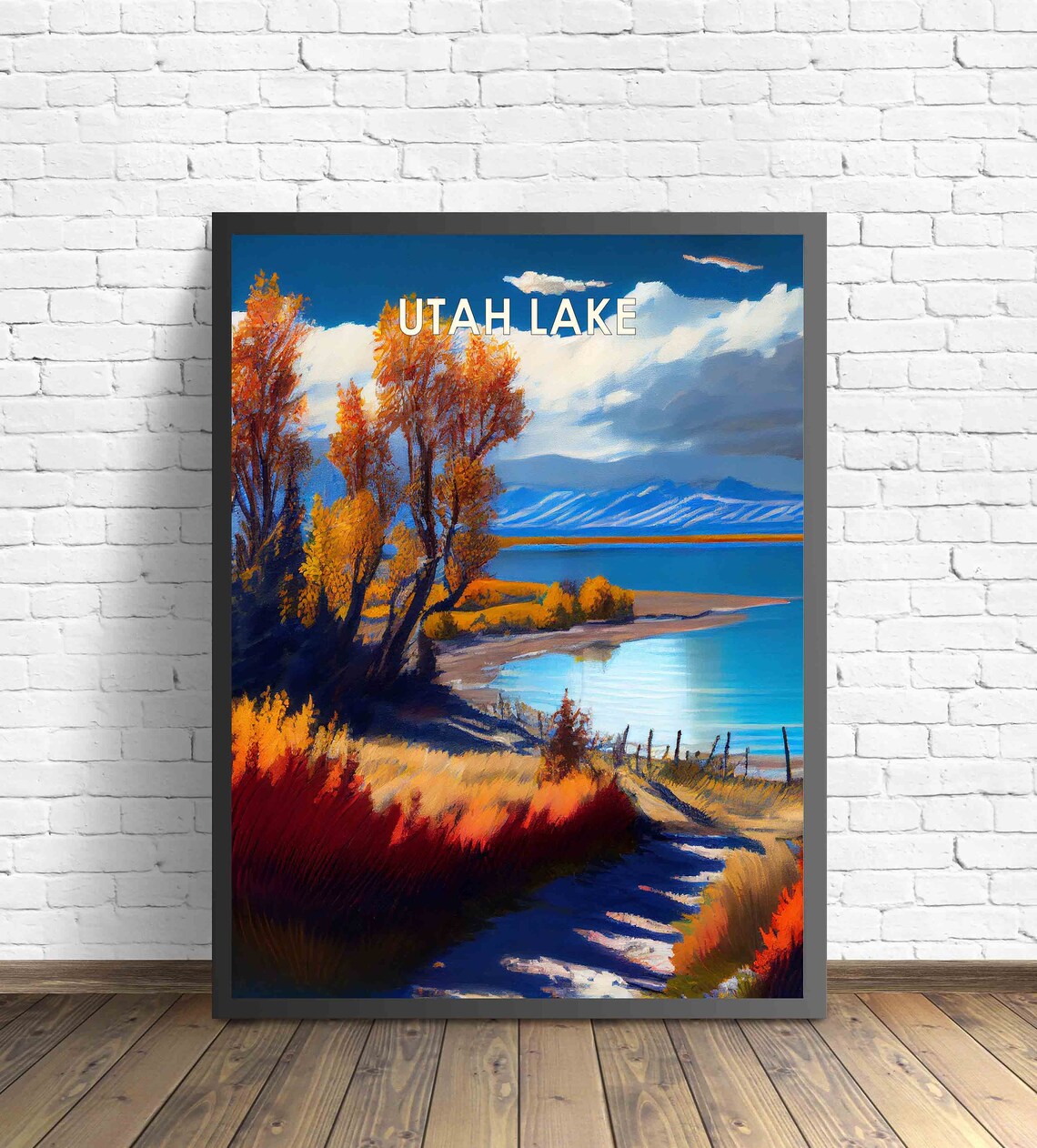 Utah Lake Autumn Shoreline Golden Trees Mountain View Poster