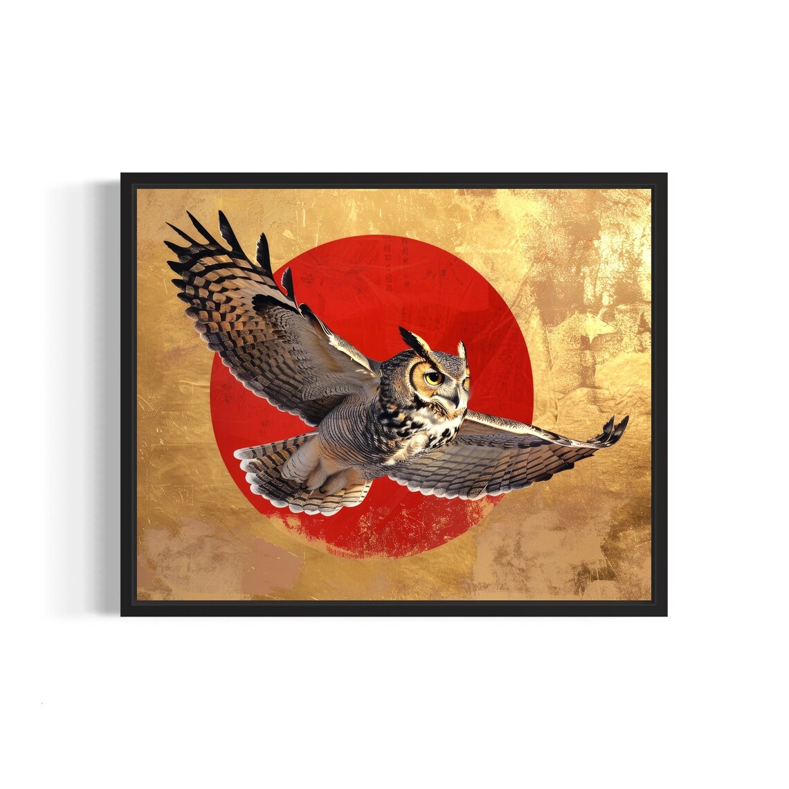 Great Horned Owl Soaring in Flight Against Red Sun Gold Poster