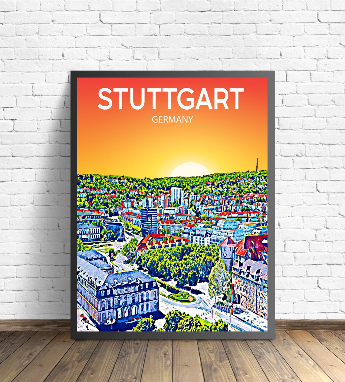 Stuttgart Germany Sunset Skyline Colorful Pop Art City Travel Poster