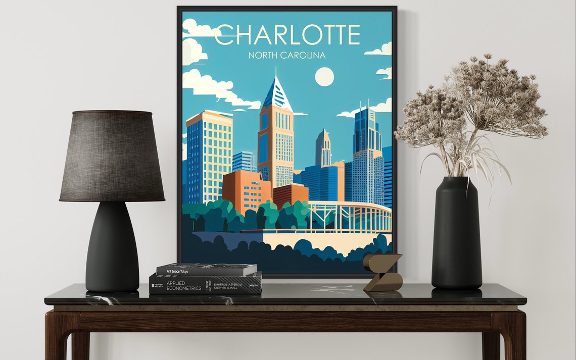 Charlotte North Carolina Retro Downtown Skyline Travel Poster - Image 2