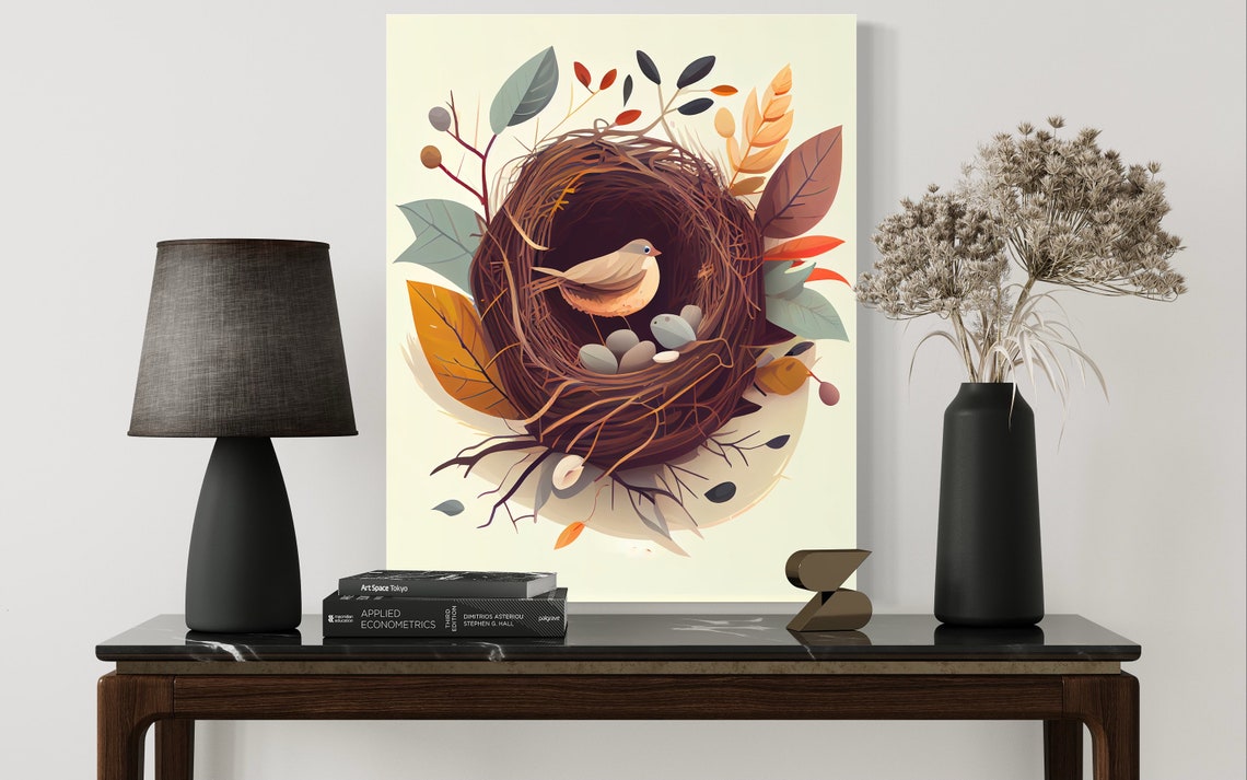 Songbird Nesting with Speckled Eggs Among Autumn Leaves Poster - Image 2
