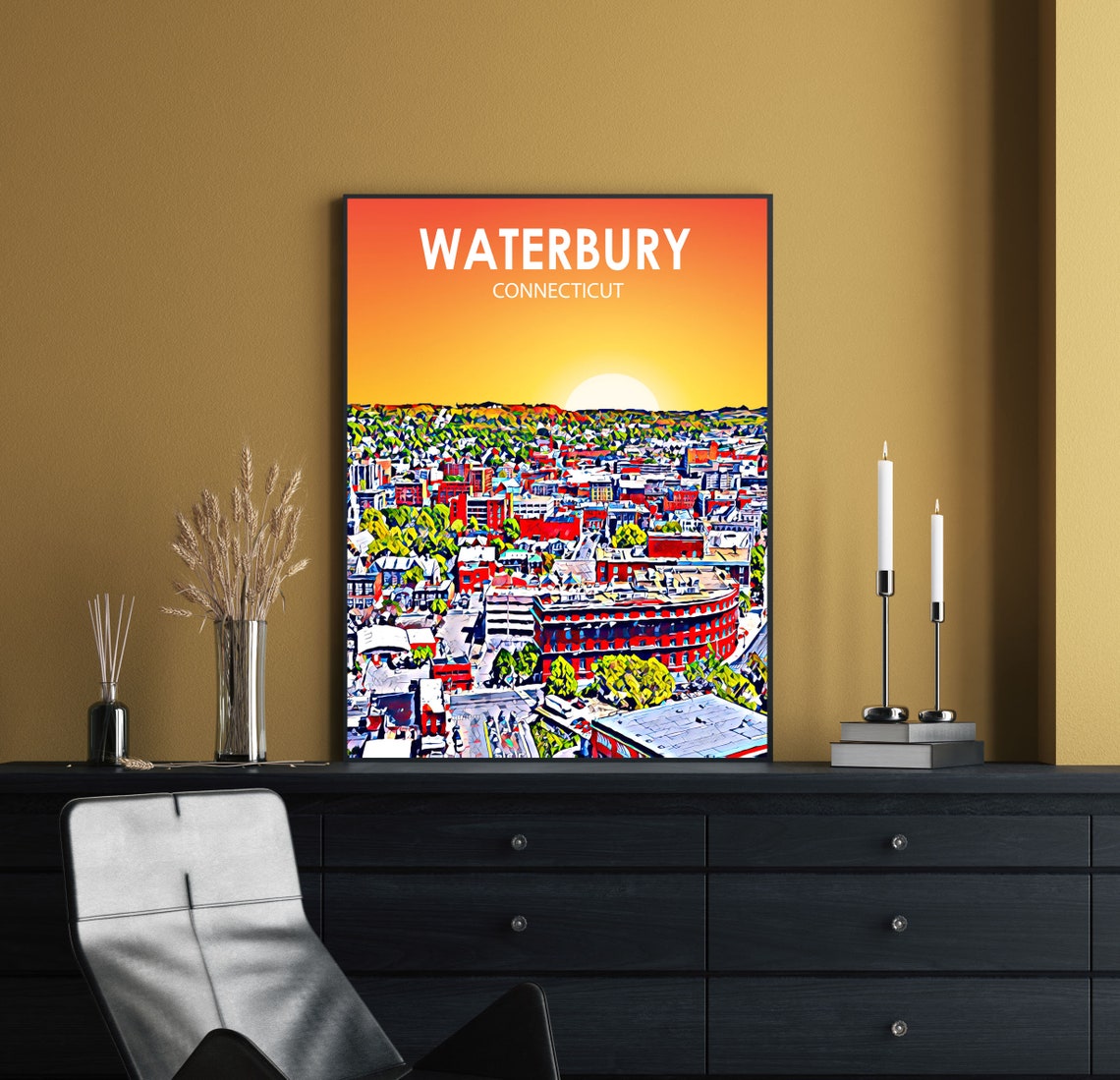Waterbury Connecticut Sunset Brick Downtown Skyline Painted Poster - Image 2