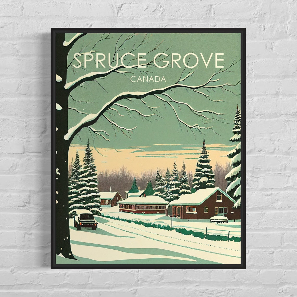 Spruce Grove Canada Snowy Pine Forest Village Winter Travel Poster