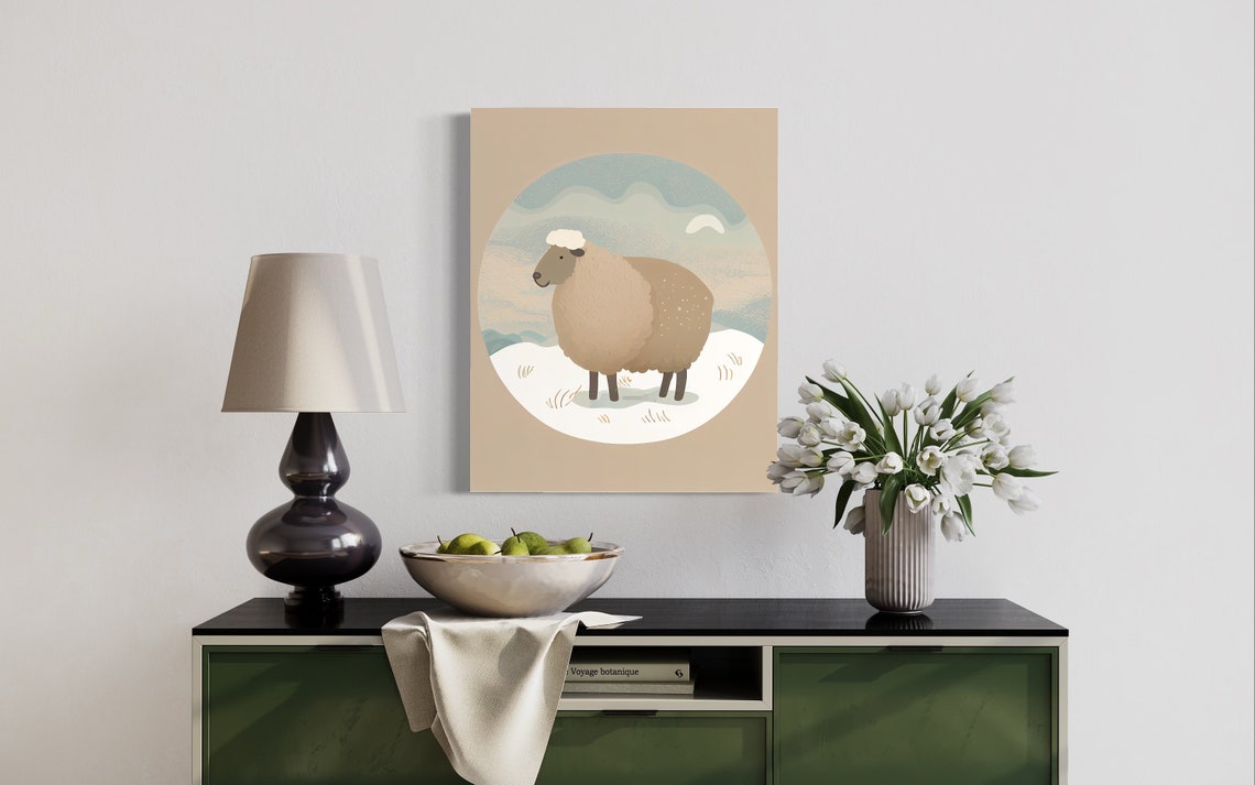 Fluffy Sheep Standing in a Snowy Meadow Minimal Retro Art Poster - Image 2