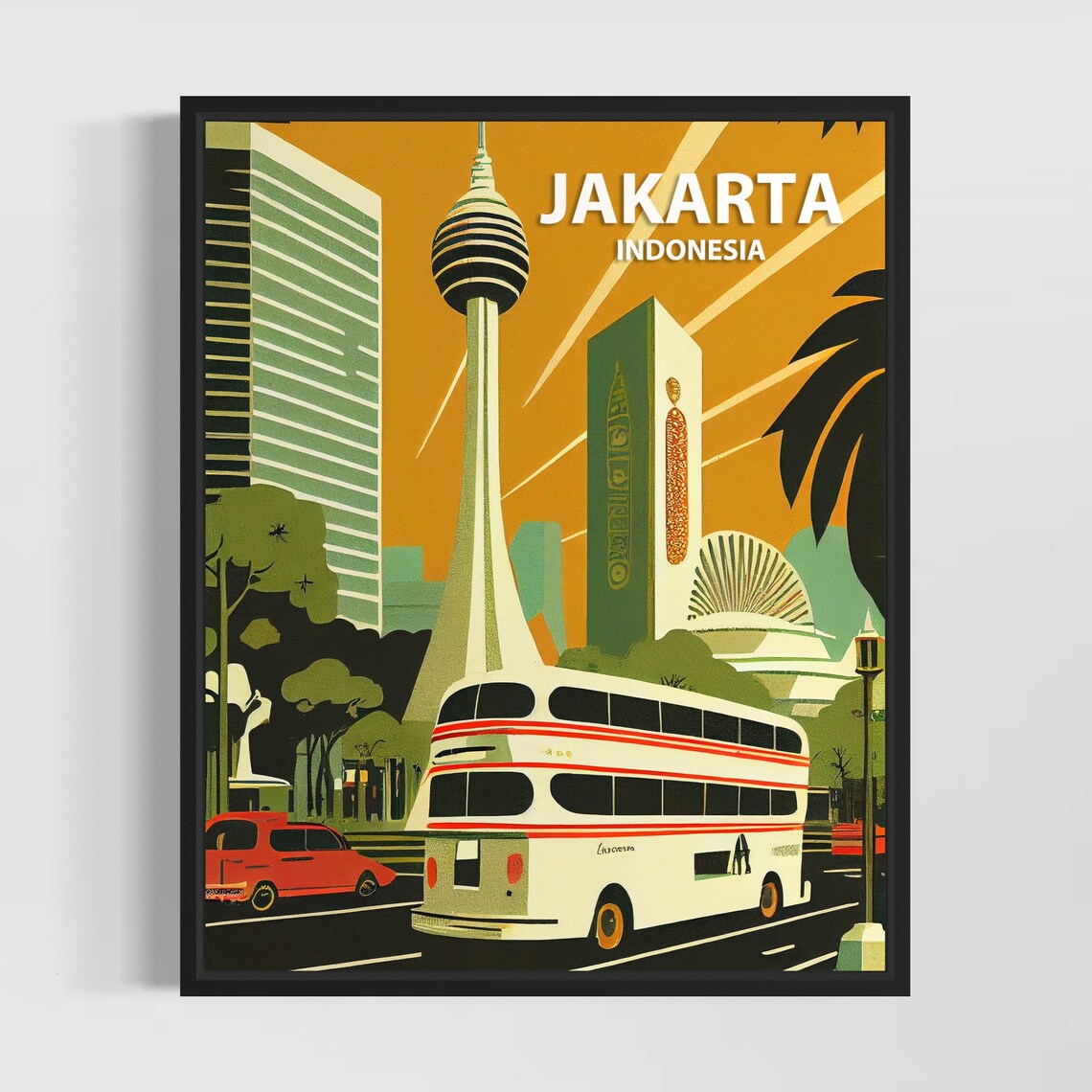 Jakarta Indonesia City Tower Double Decker Bus Retro Street Poster