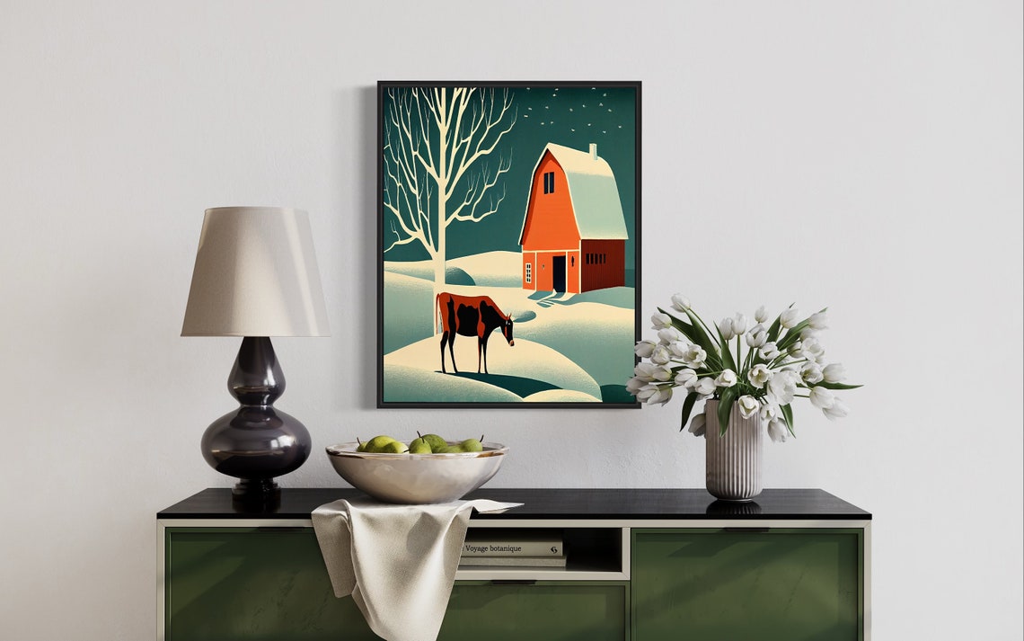 Red Barn Snowy Winter Night Cow Pasture Vintage Farm Art Poster - Image 3