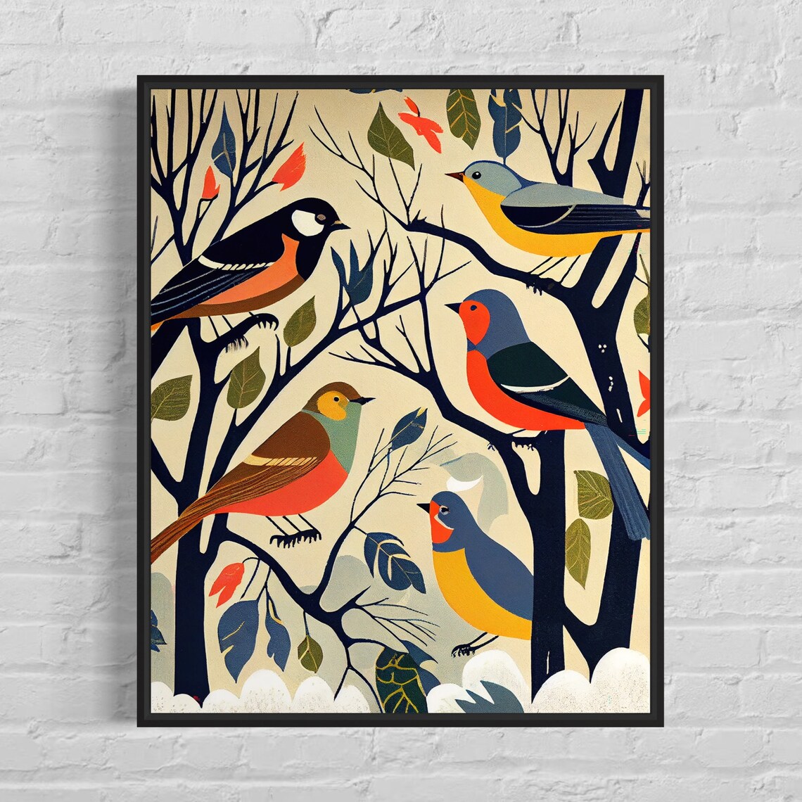 Colorful Songbirds Folk Art Style Birds on Branches Nature Print