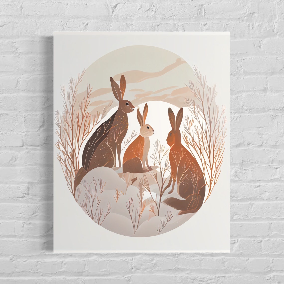Three Hares Gathered in Autumn Forest Minimal Circle Art Poster