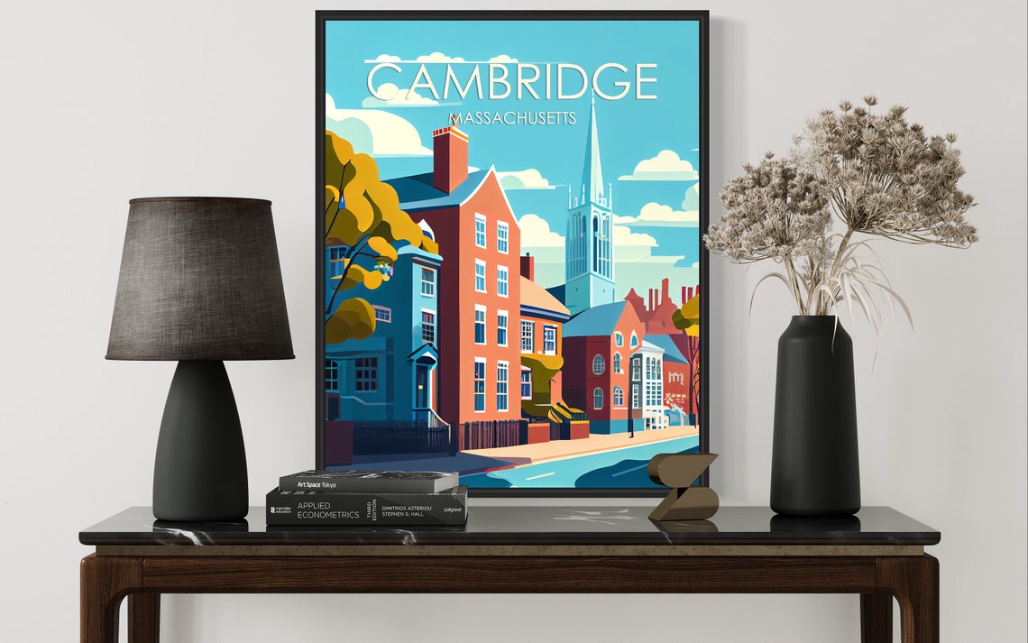 Cambridge Massachusetts Brick Row Houses Church Spire Retro Poster - Image 2