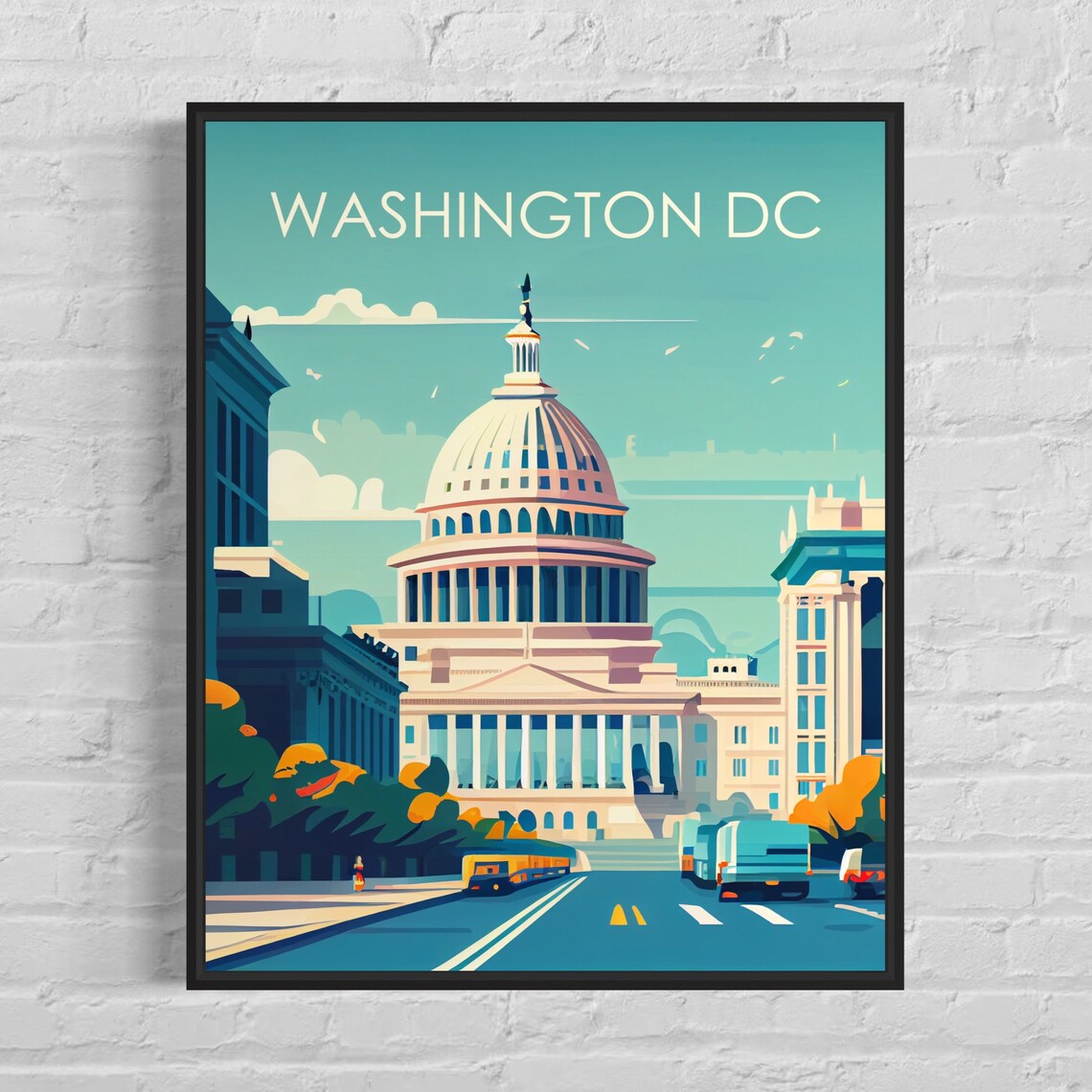 Washington DC US Capitol Dome Retro Cityscape Travel Art Poster