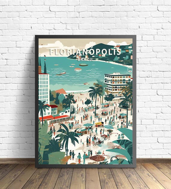 Florianopolis Brazil Crowded Beach with Palm Trees Retro Travel Poster