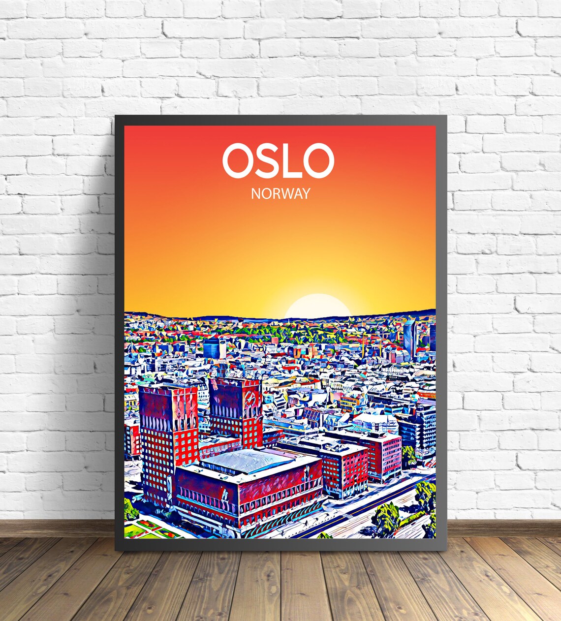 Oslo Norway City Hall and Harbor Golden Sunset Skyline Art Poster