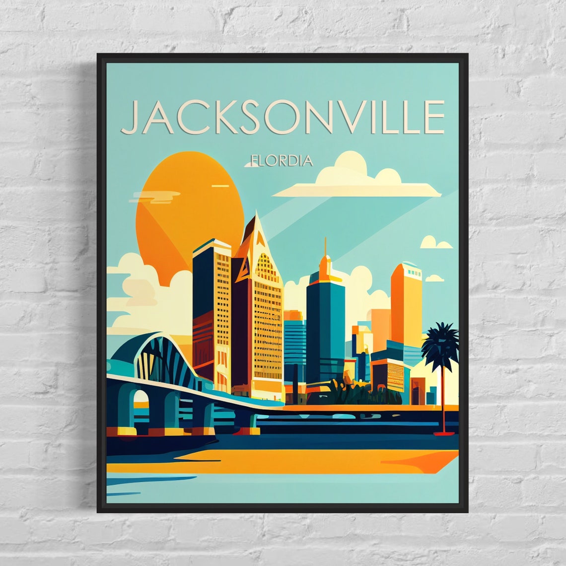 Jacksonville Florida Retro Sunset Skyline Bridge Travel Poster