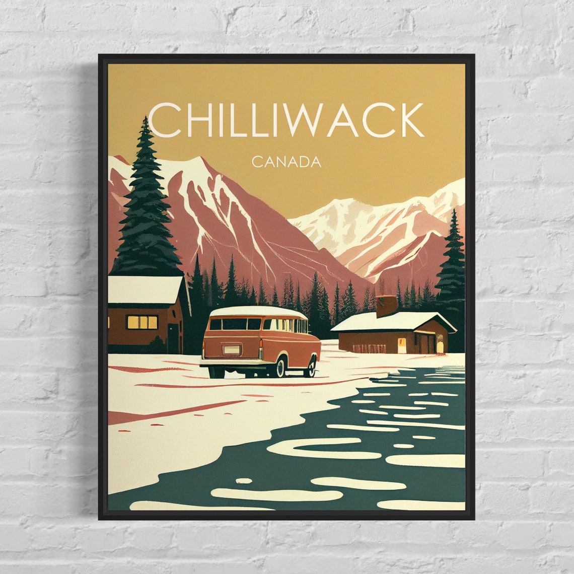 Chilliwack Canada Snowy Mountain Town Winter Bus Scene Poster