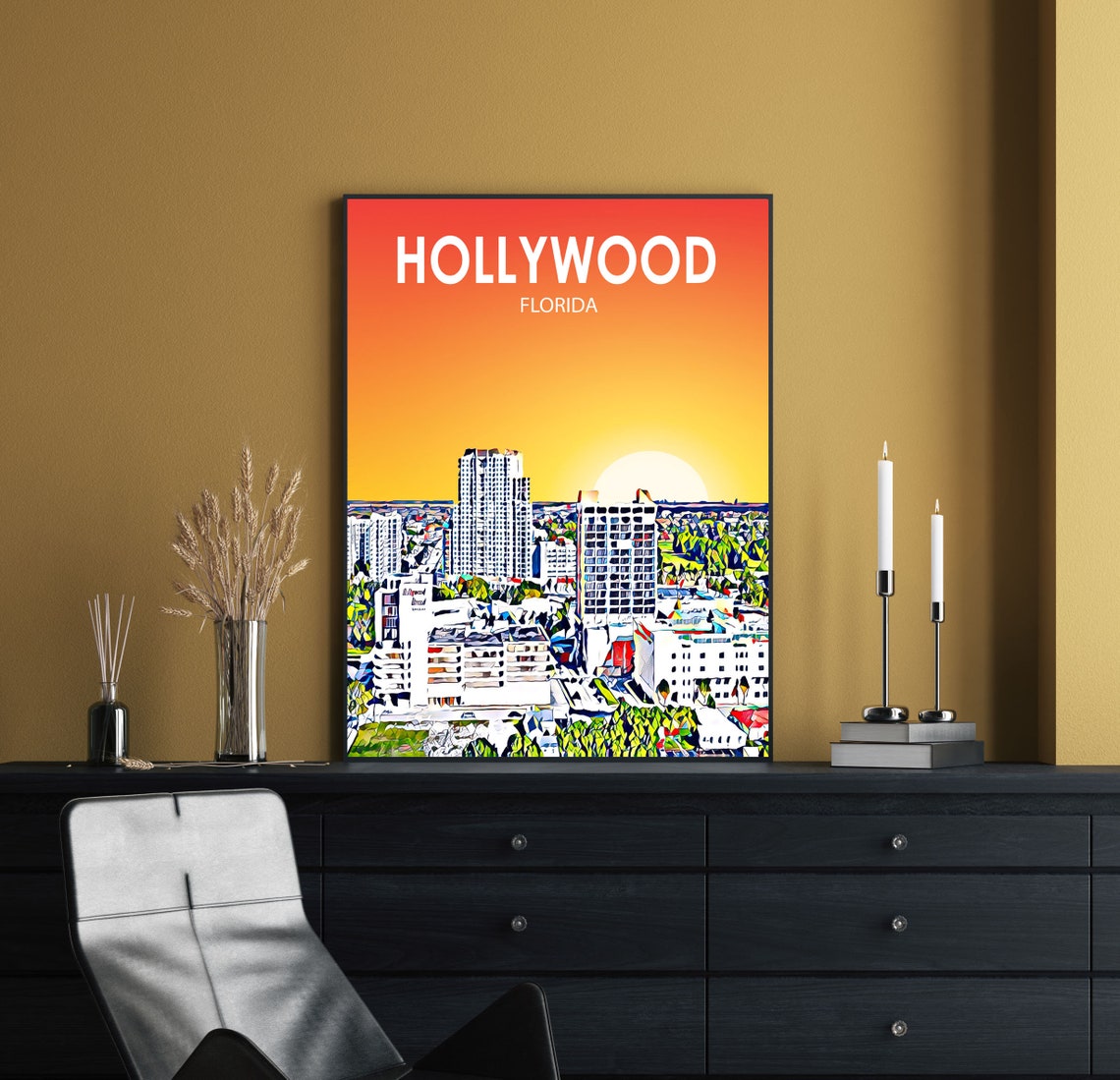 Hollywood Florida Sunset Beachfront City Aerial Skyline Poster - Image 2