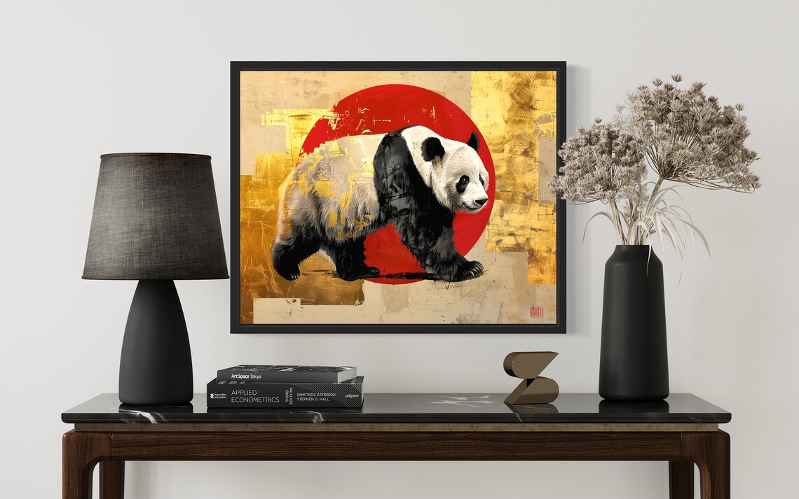 Giant Panda Striding Past Red Sun Asian Gold Art Style Poster - Image 3