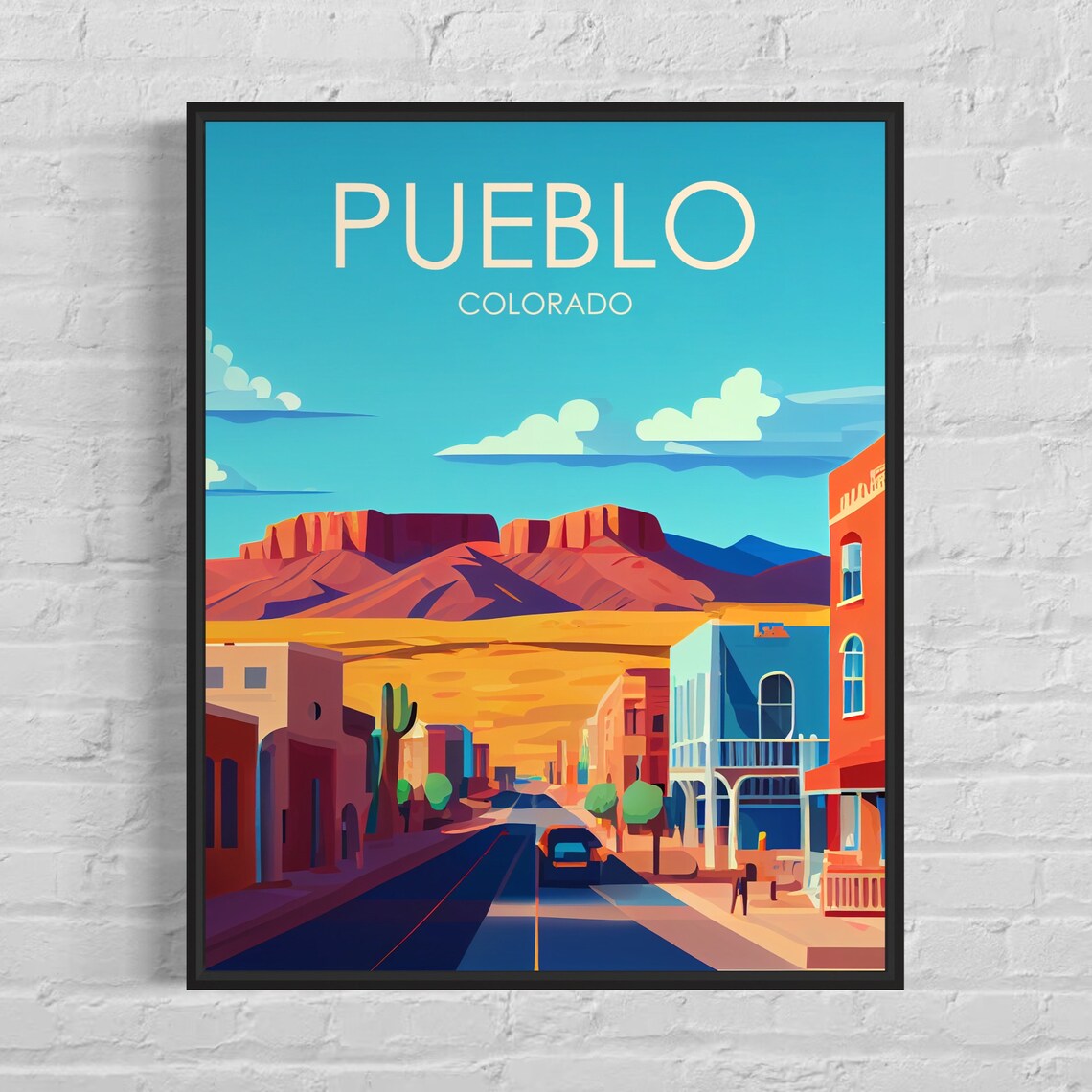 Pueblo Colorado Desert Main Street Red Mesas Retro Travel Poster
