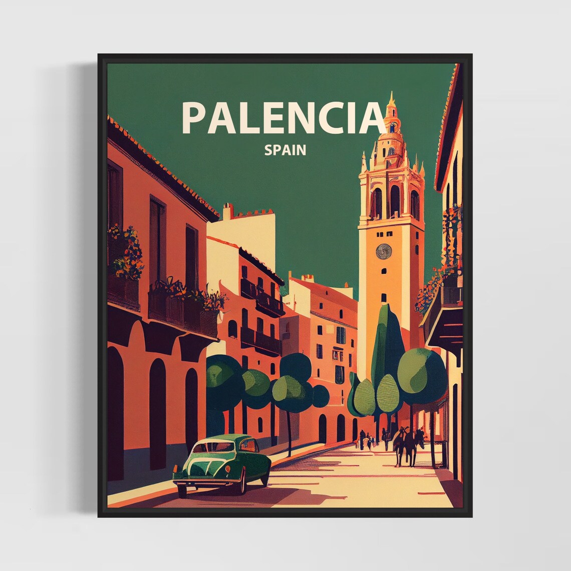 Palencia Spain Cathedral Tower Vintage Car Street Travel Poster