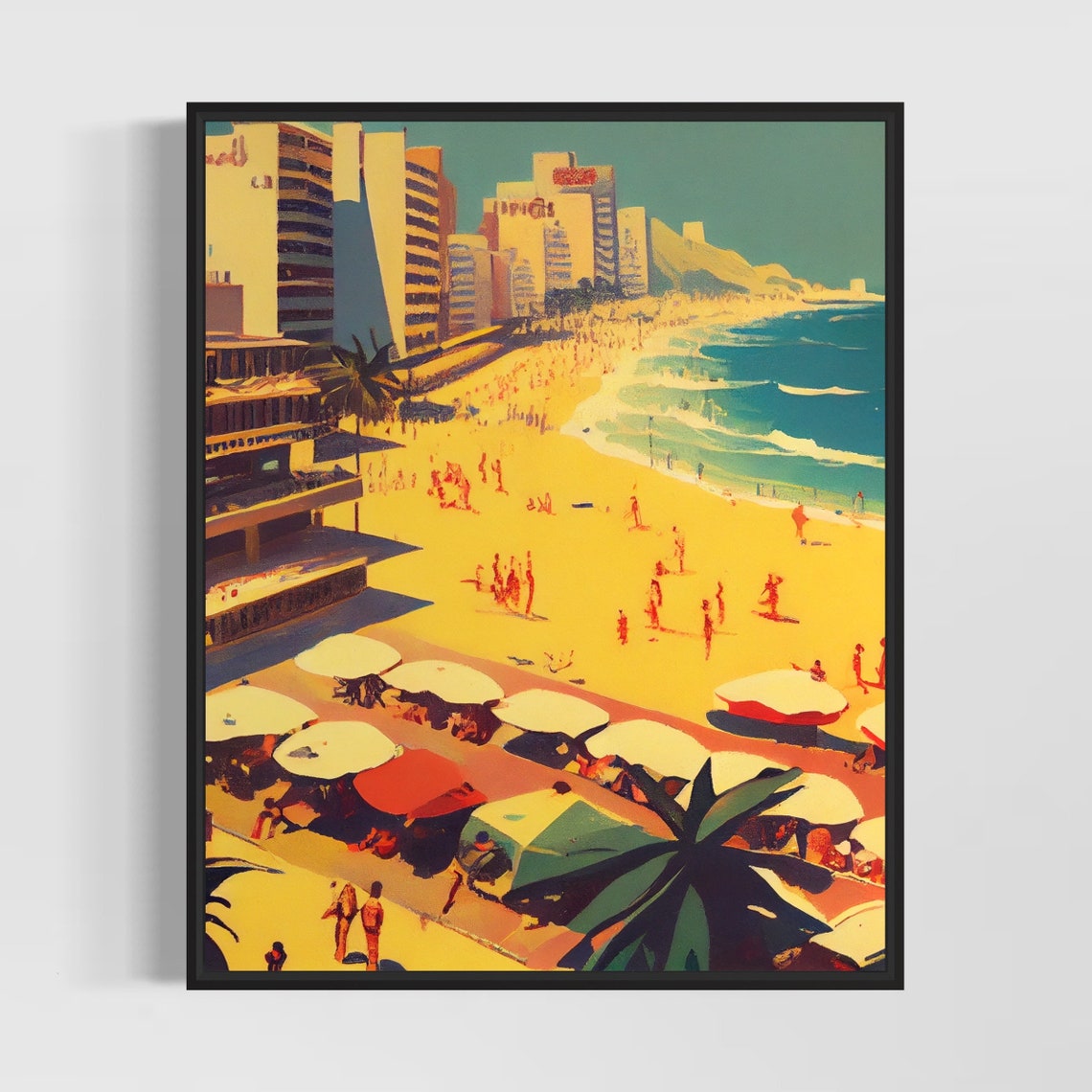 Copacabana Beach Rio Sunny Crowded Shoreline Retro Travel Poster