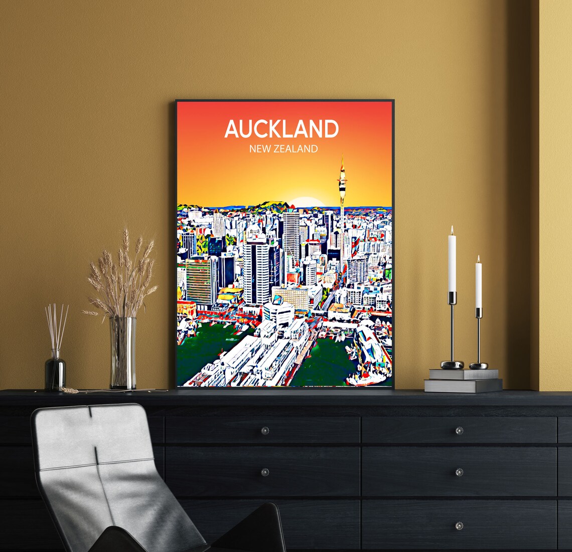 Auckland New Zealand Art Poster Sunset Night Poster Art Print Auckland City Framed Modern Wall Art Colorful Skyline Sketch - Image 2