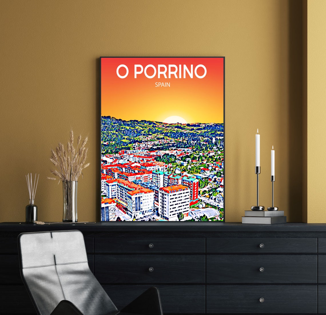 O Porrino Spain Art Poster Sunset Night Poster Art Print O Porrino City Framed Modern Wall Art Colorful Skyline Photo Sketch - Image 2