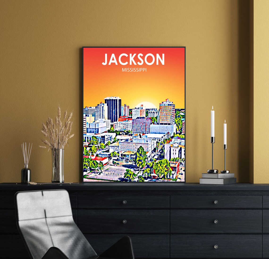 Jackson Mississippi Sunset Downtown City Colorful Skyline Poster - Image 3