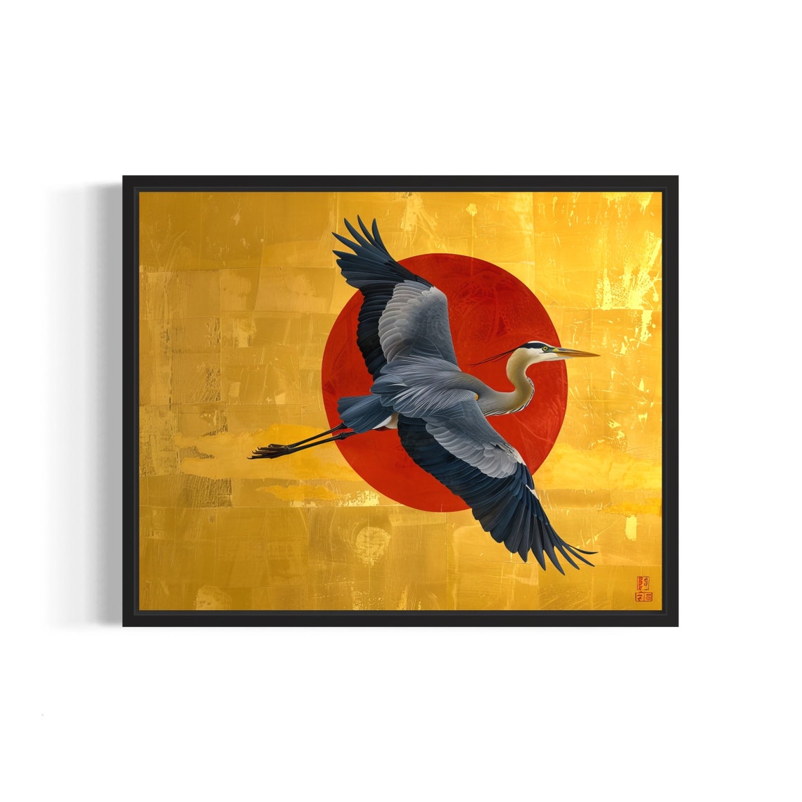 Great Blue Heron Red Sun Gold Leaf Japanese Style Art Poster