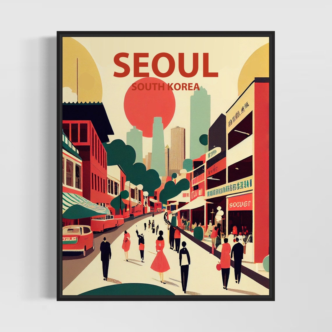Seoul South Korea Busy Street under Red Sun Retro City Scene Poster
