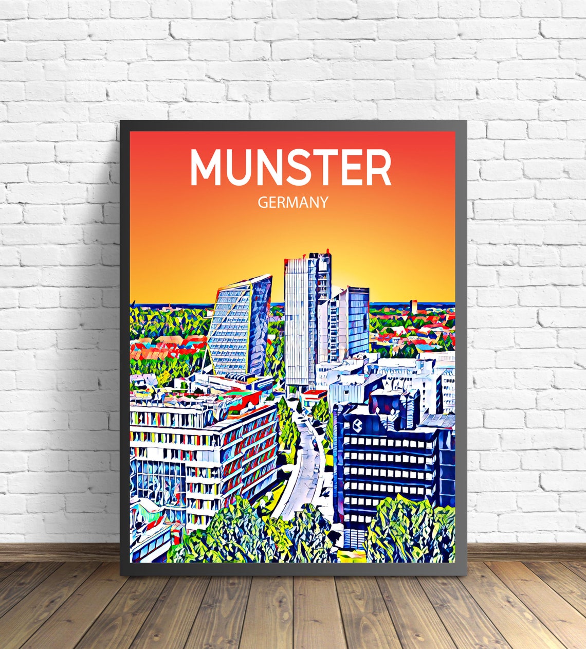 Munster Germany Modern Office Towers Golden Sunset Skyline Poster