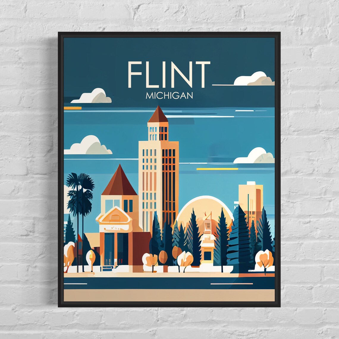 Flint Michigan Skyline Clock Tower Retro City Art Travel Poster