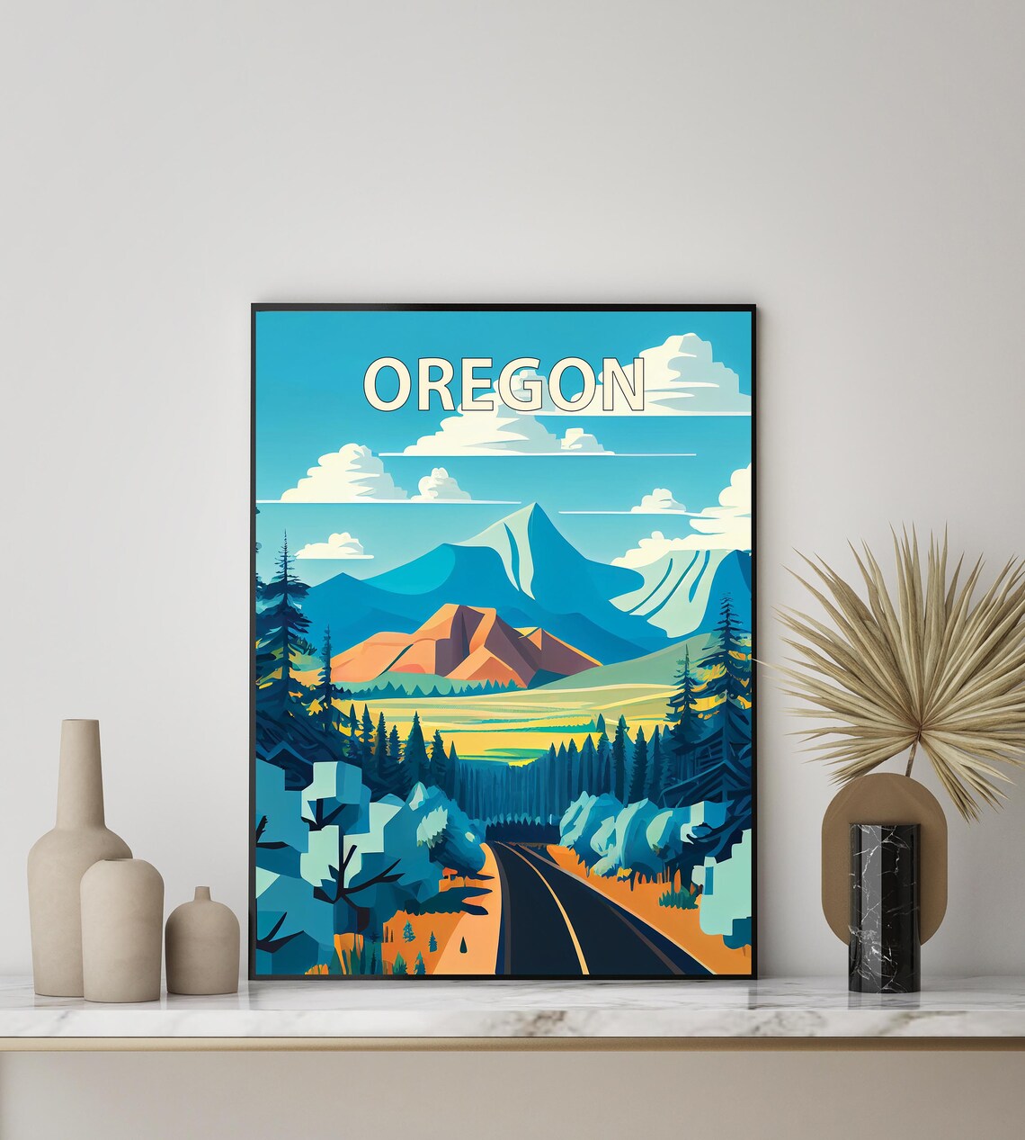 Oregon Mountain Road Evergreen Forest Snowy Peaks Travel Poster - Image 3