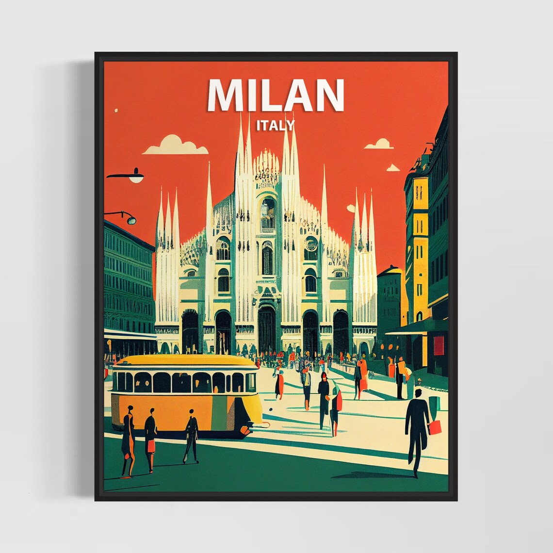 Milan Italy Retro Duomo Cathedral Tram Sunset Vintage Travel Poster