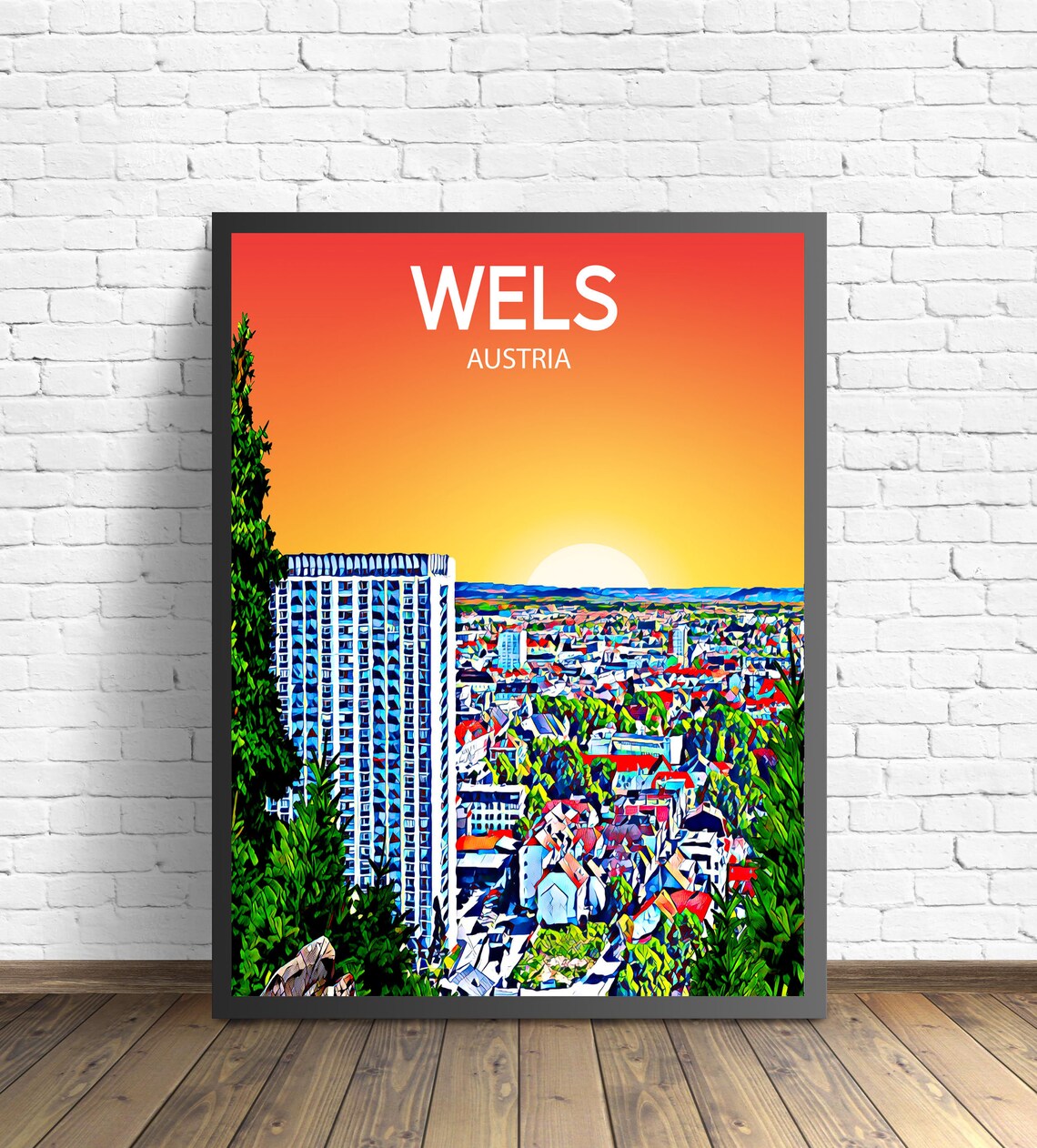 Wels Austria Sunset Skyline City Panorama Pop Art Travel Poster