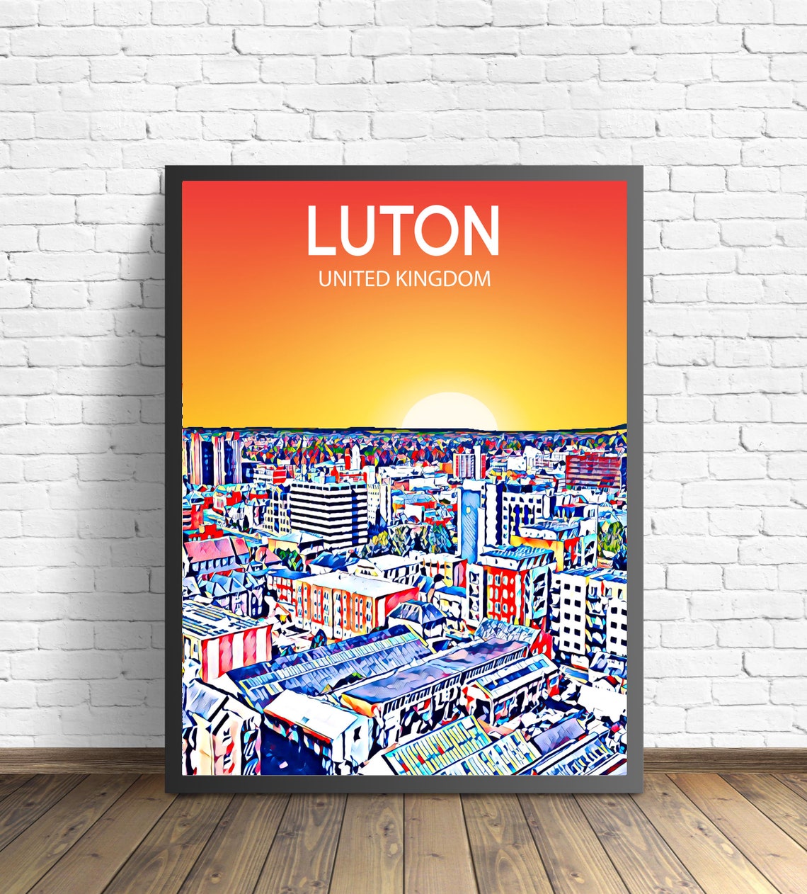 Luton England Town Center Red Rooftops Sunset Skyline Art Poster