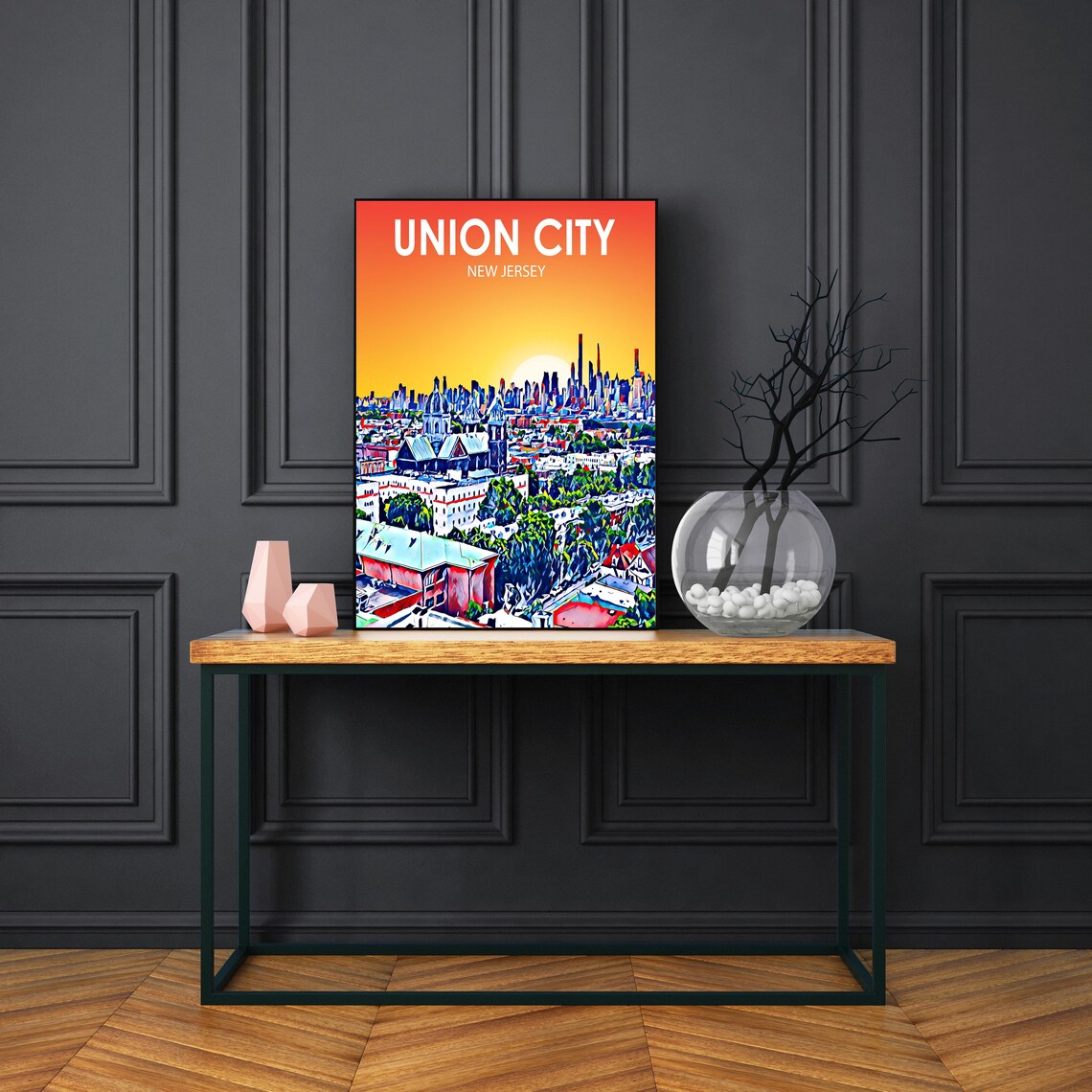 Union City New Jersey Sunset City Skyline Colorful Sketch Poster - Image 3