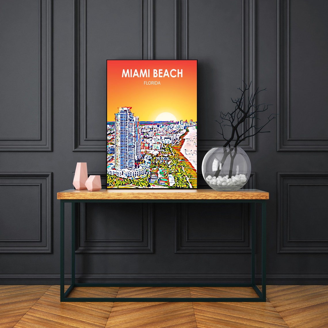 Miami Beach Florida Sunset Beachfront Coastline Sketch Poster - Image 3