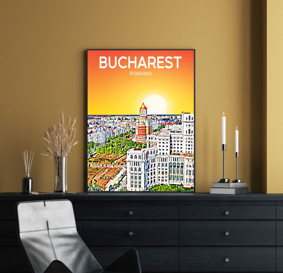 Bucharest Romania Sunset Grand Palace Boulevard Aerial Skyline Poster - Image 2