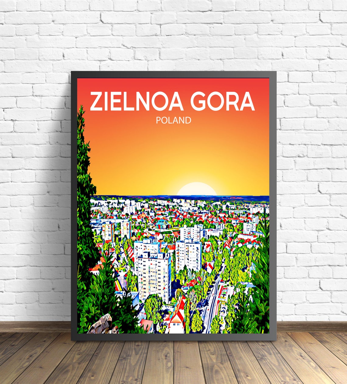 Zielnoa Gora Poland Art Poster Sunset Night Poster Art Print Zielnoa Gora City Modern Wall Art Colorful Skyline Photo