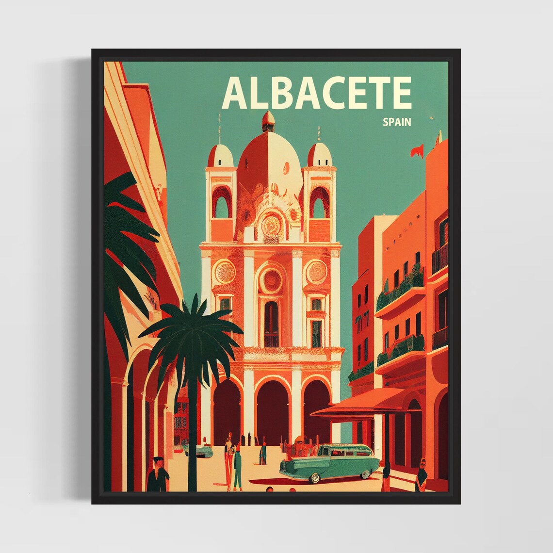 Albacete Spain Retro Cathedral Plaza Classic Car Vintage Art Poster