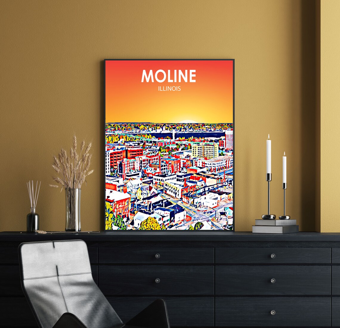 Moline Illinois Colorful Sunset Skyline City Travel Art Poster - Image 2