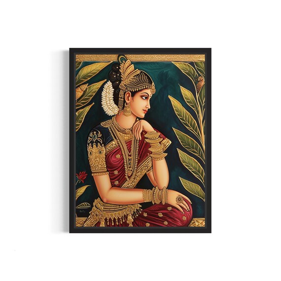 Traditional Tanjore Style Indian Royal Princess Art Print in Gold and Red