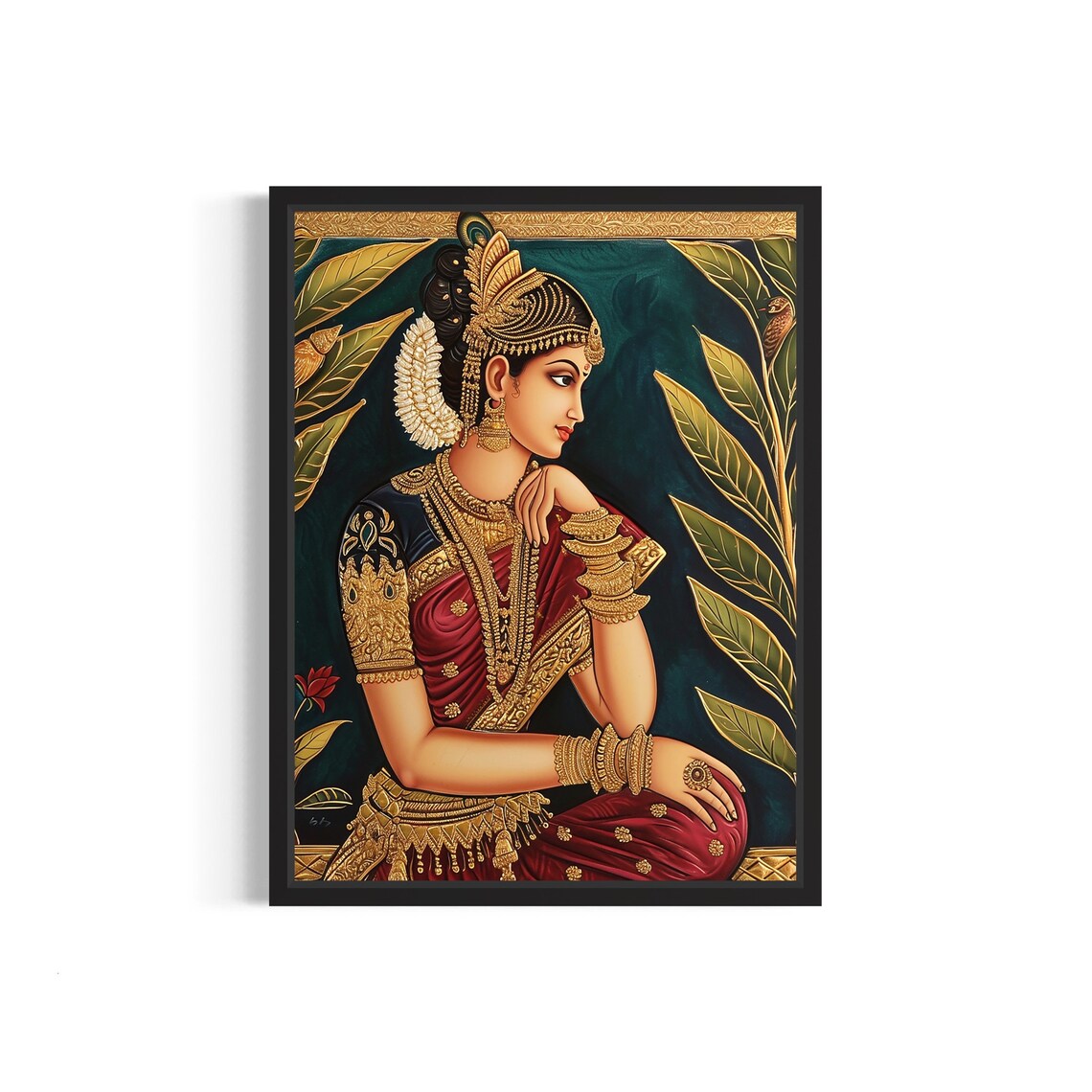 Traditional Tanjore Style Indian Royal Princess Art Print in Gold and Red