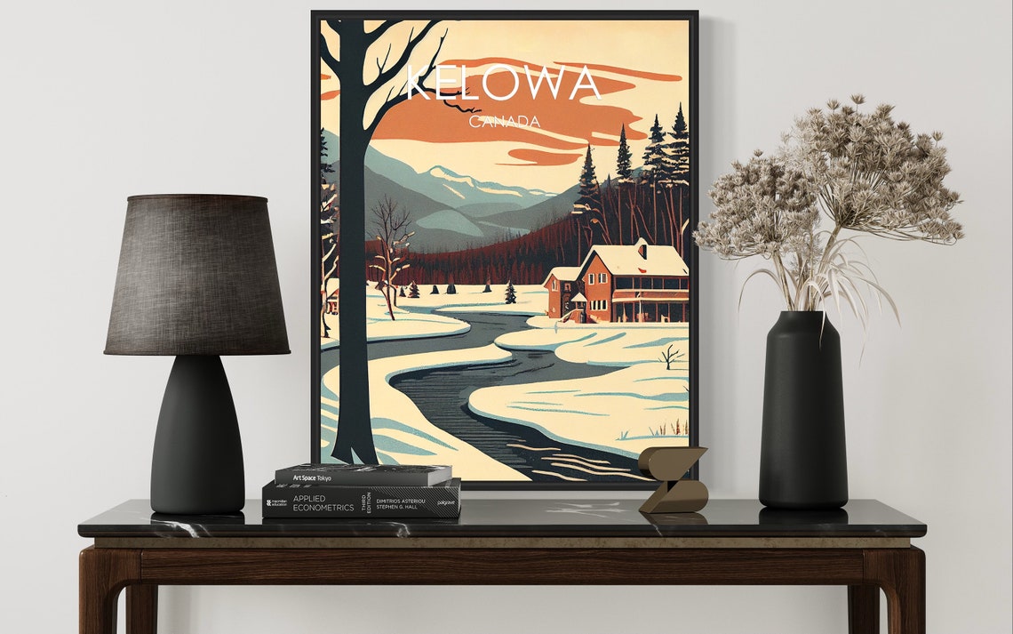 Kelowa Canada Snowy River Bend Cabin Retro Winter Travel Poster - Image 2