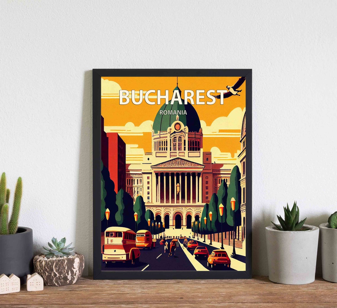 Bucharest Romania Vintage Retro Landmark Street Scene Travel Poster - Image 2