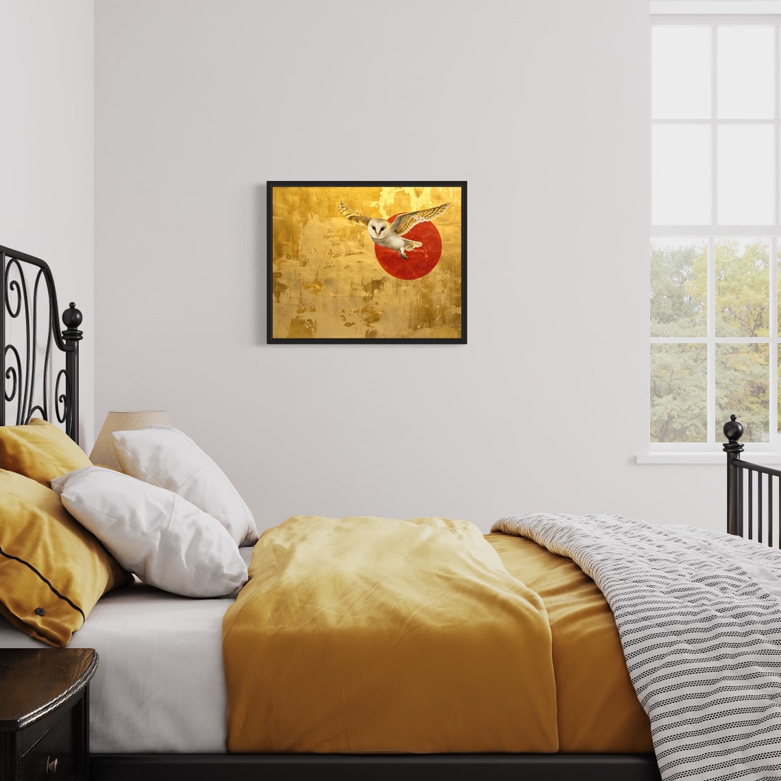 Barn Owl in Flight Facing Forward Against Red Sun Gold Poster - Image 3