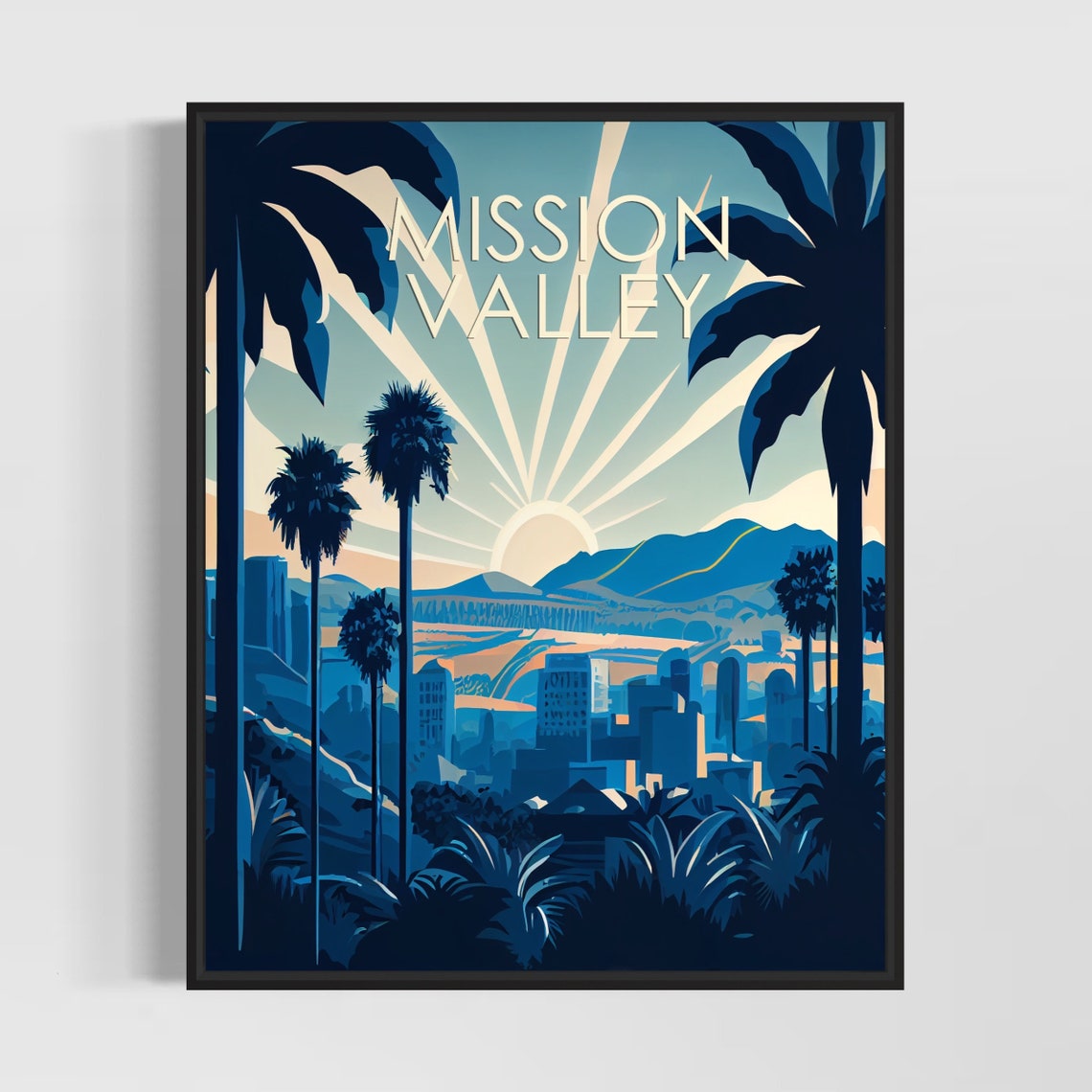Mission Valley City Skyline Palms Sunray Sunrise Art Deco Poster
