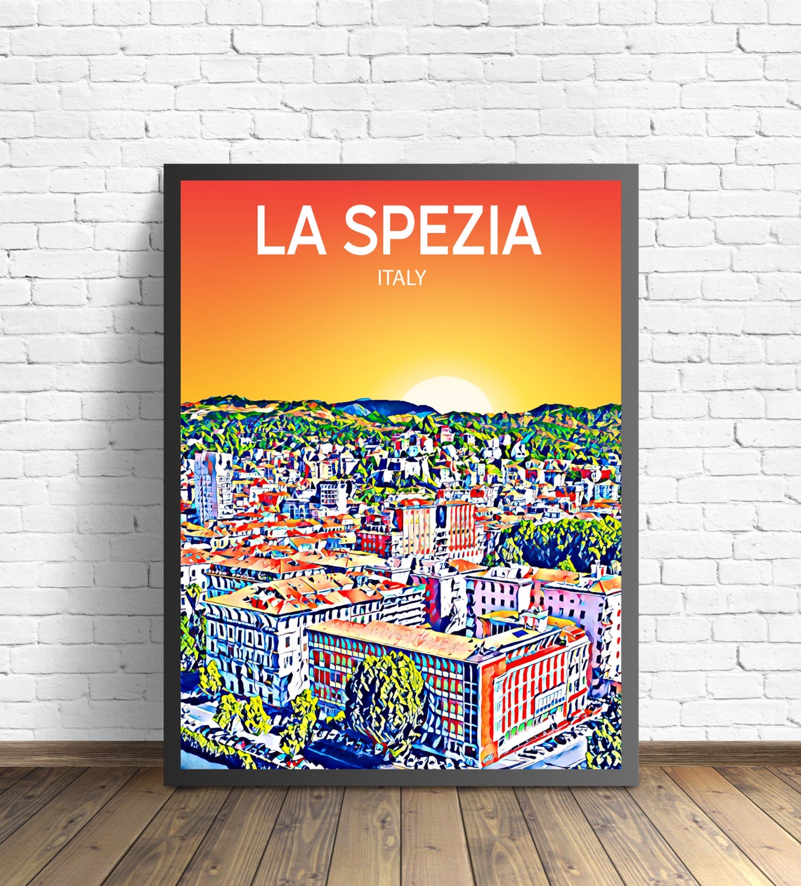 La Spezia Italy Sunset Skyline Golden Hour Mosaic Cityscape Art Poster