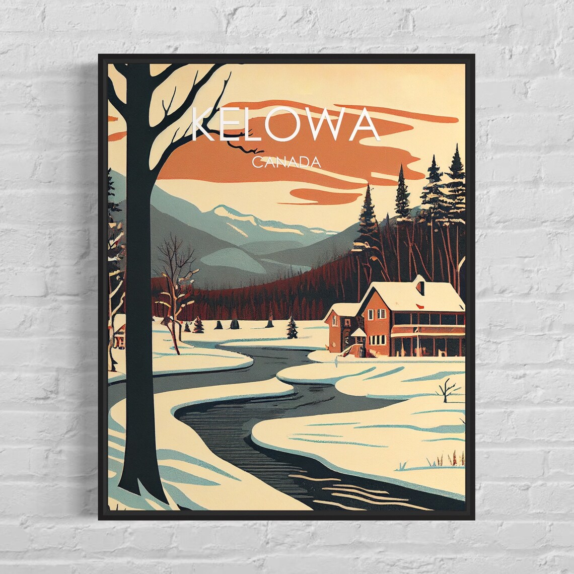 Kelowa Canada Snowy River Bend Cabin Retro Winter Travel Poster