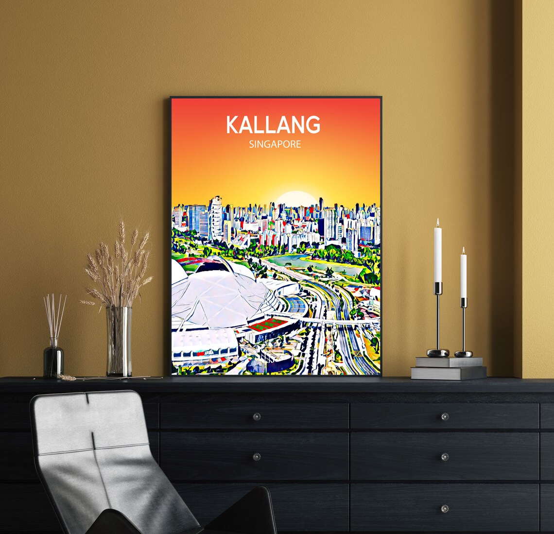 Kallang Singapore Stadium Sunset Skyline Cityscape Art Poster - Image 2